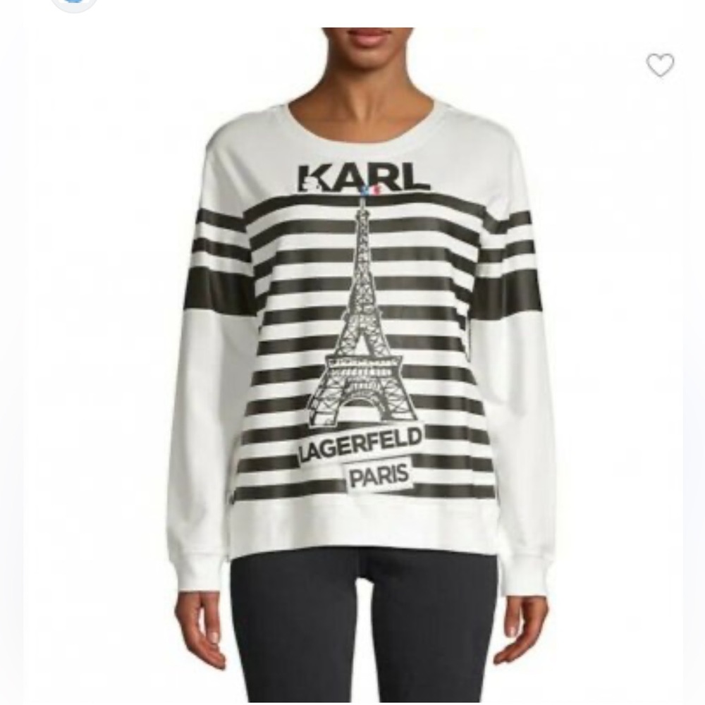 Karl Lagerfeld‎ Paris white black Fleece Eiffel Tower Striped Sweatshirt XS